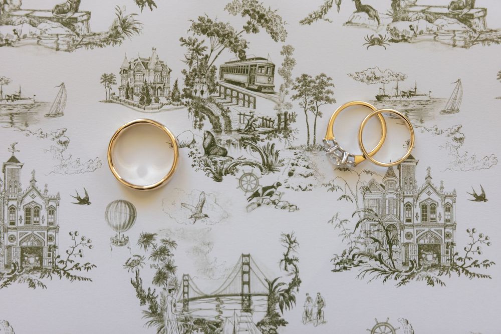 Wedding rings displayed on toile patterned paper featuring San Francisco landmarks and scenery.