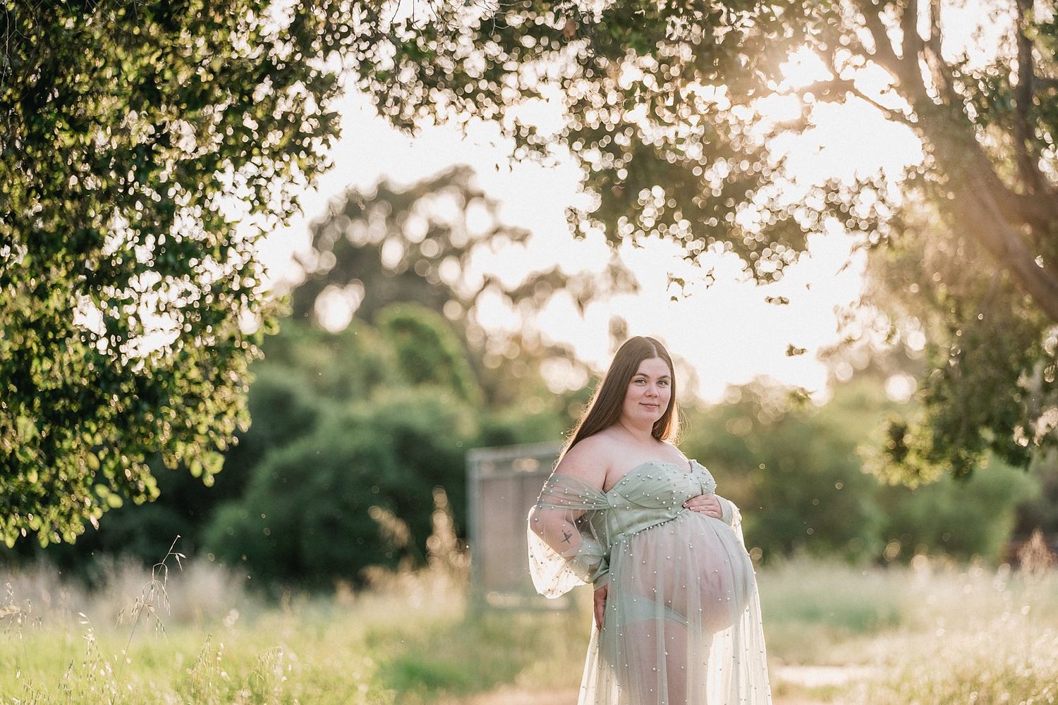 Pregnant woman in sheer green gown poses outdoors in golden sunlight surrounded by lush trees during maternity photoshoot.