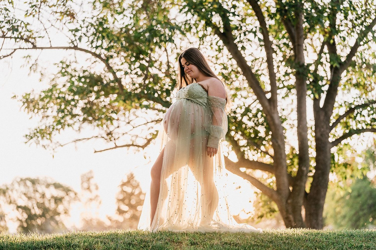 Pregnant woman in sheer green gown standing under trees in golden sunlight during outdoor maternity photoshoot.