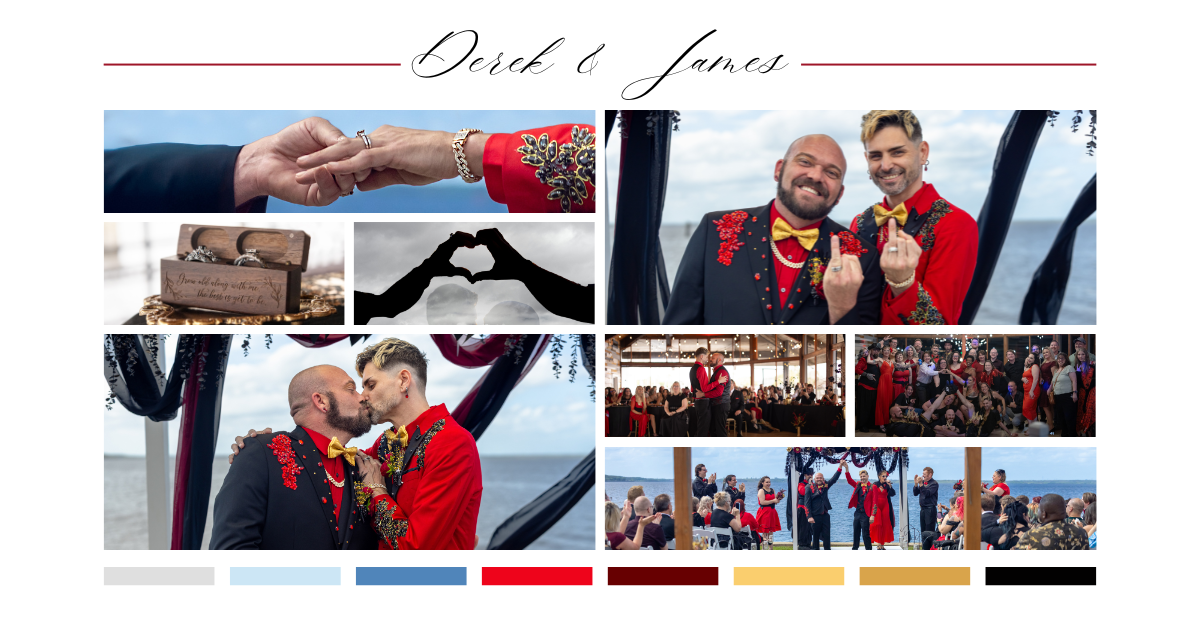 Derek and James wedding photo collage featuring ceremony and celebration moments in red.