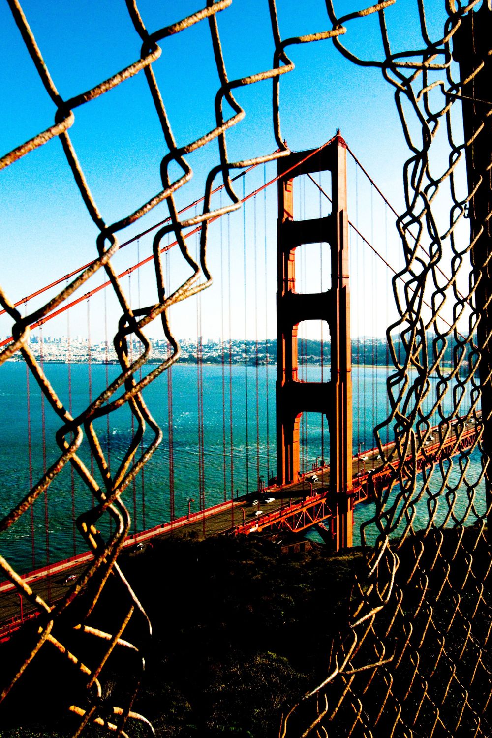 Golden Gate Bridge through a hole in a chain link fence from the Marin Peninsula