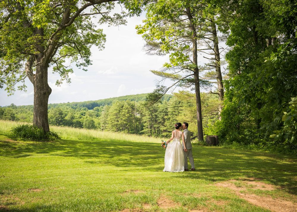 A couple shares a romantic moment on a lush hillside surrounded by green trees on their wedding day.