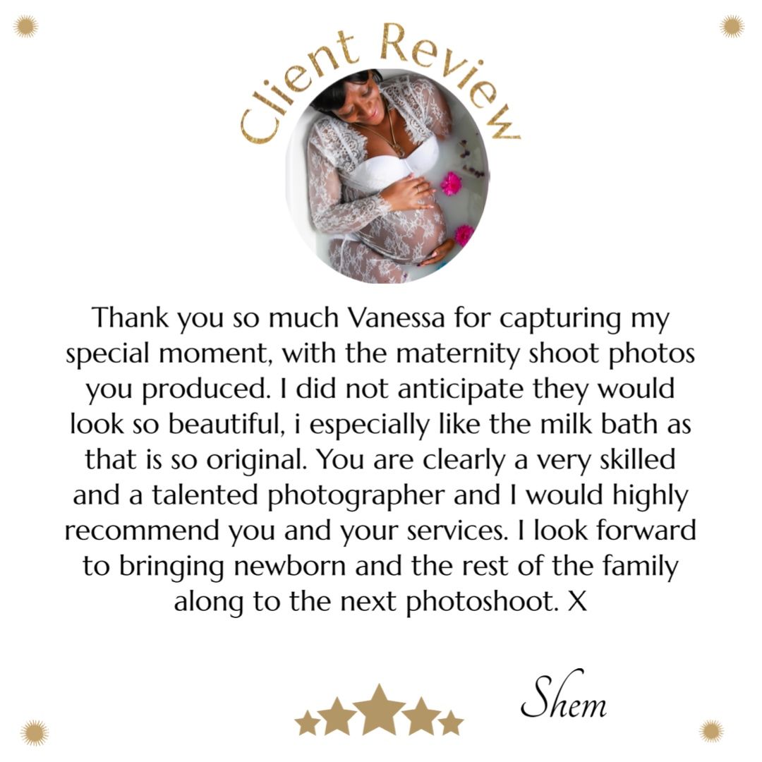 A 5-star client review testimonial for maternity photo shoot services featuring a milk bath photography session.