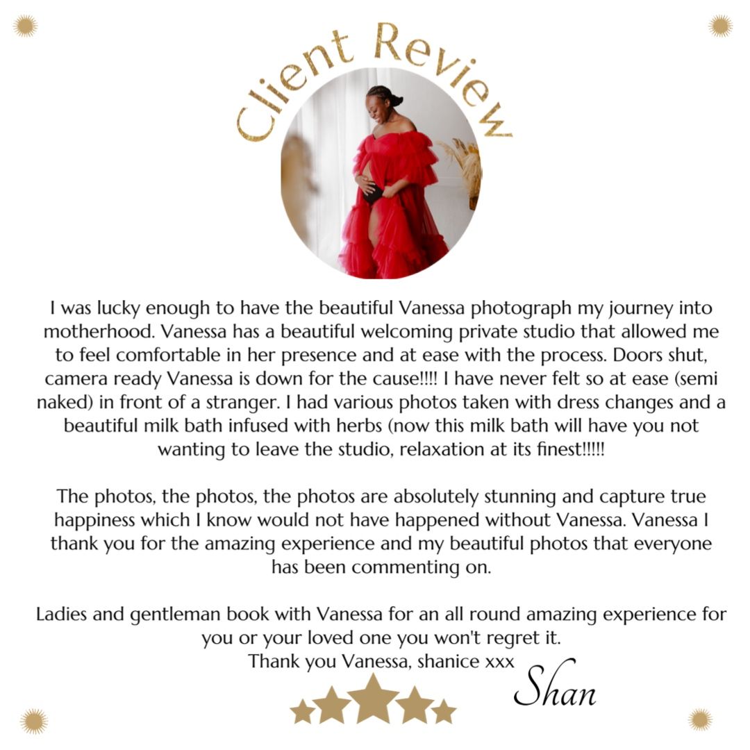 A client review testimonial in a circular frame with a person wearing a red dress against a light background.