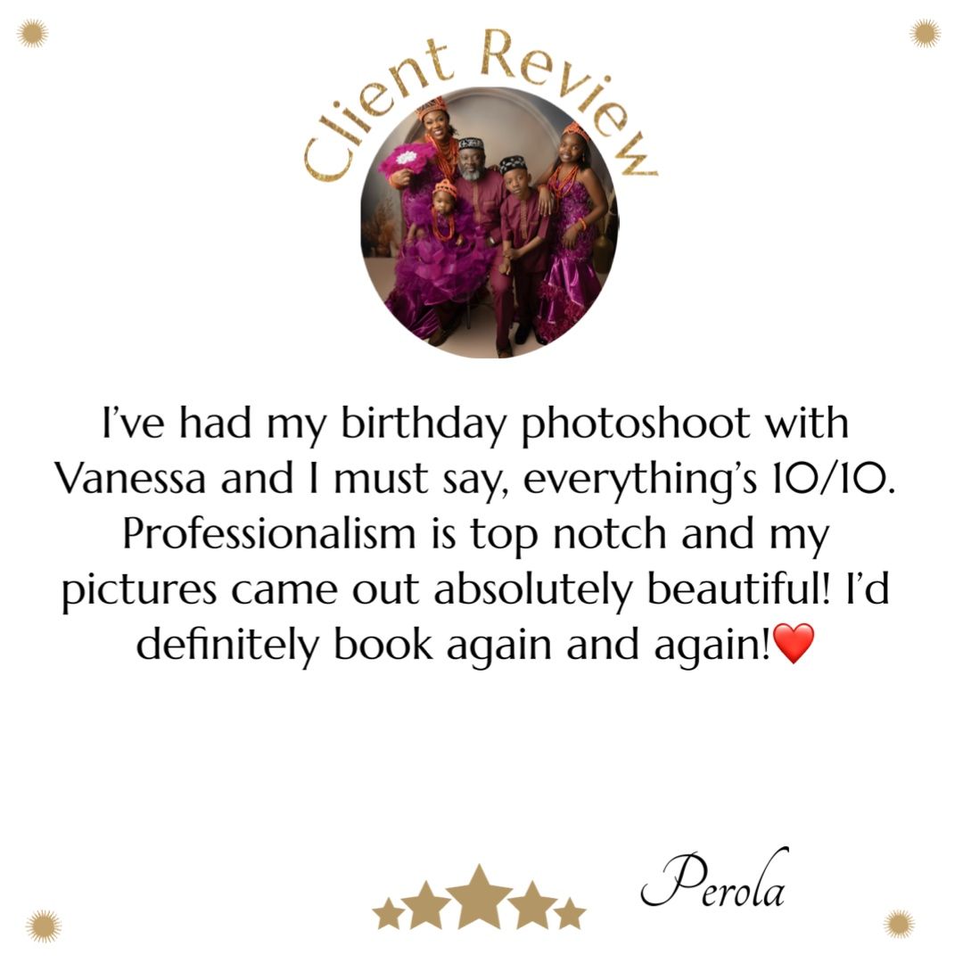 A 5-star client review card with a circular photo showing people in magenta outfits, praising photography services.