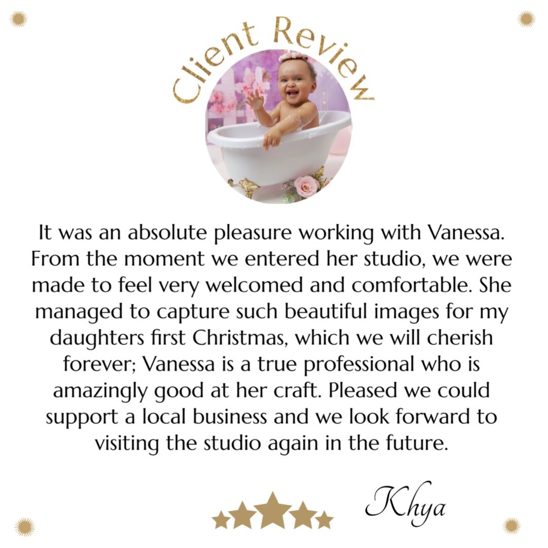 A professional photography studio client review showing a five-star rating and positive testimonial in gold text.