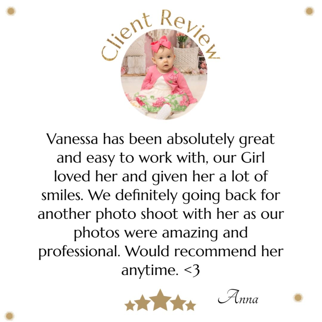 A 5-star client review testimonial on a circular badge praising photography services and professionalism.