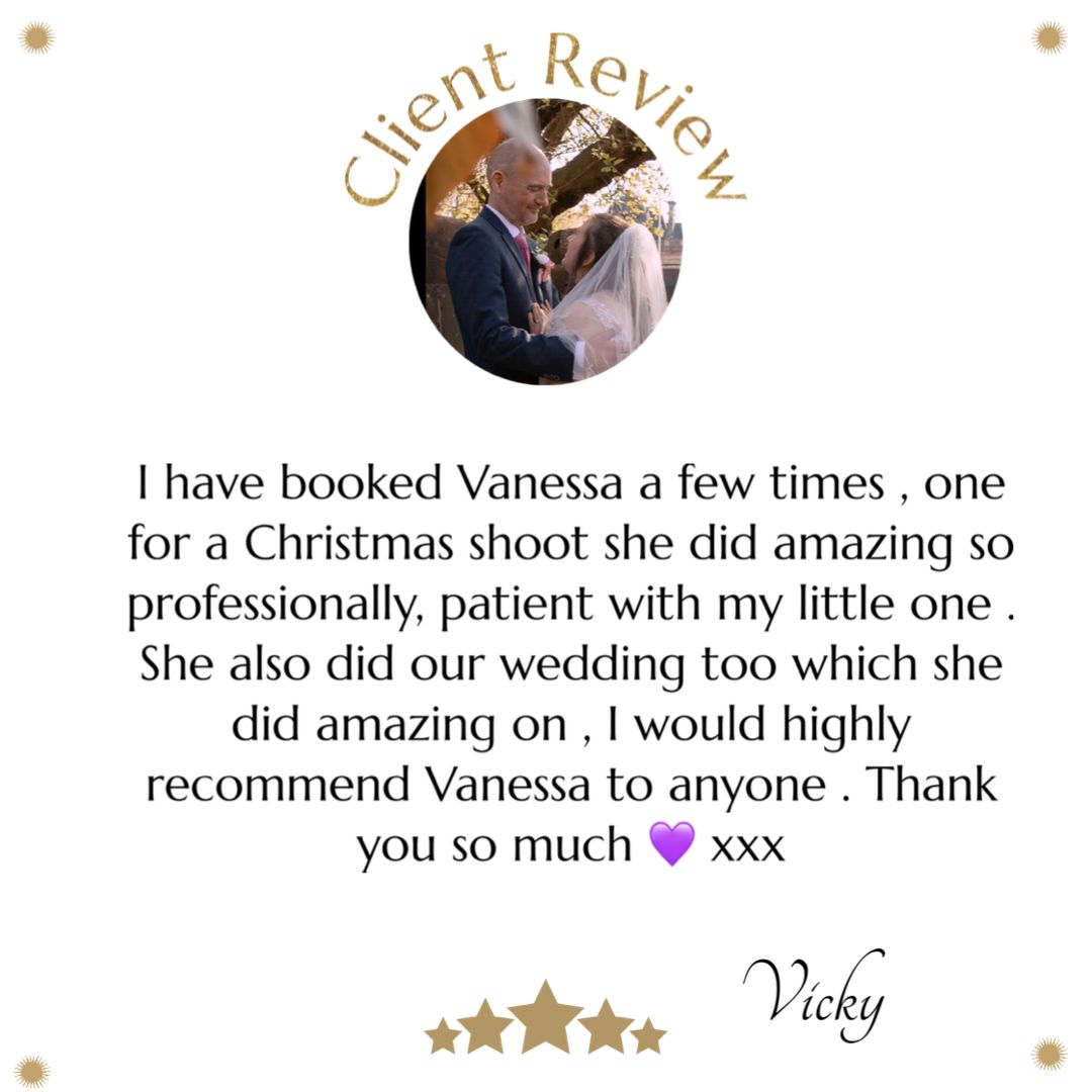 A client review testimonial showcasing a 5-star rating and positive feedback about photography services.