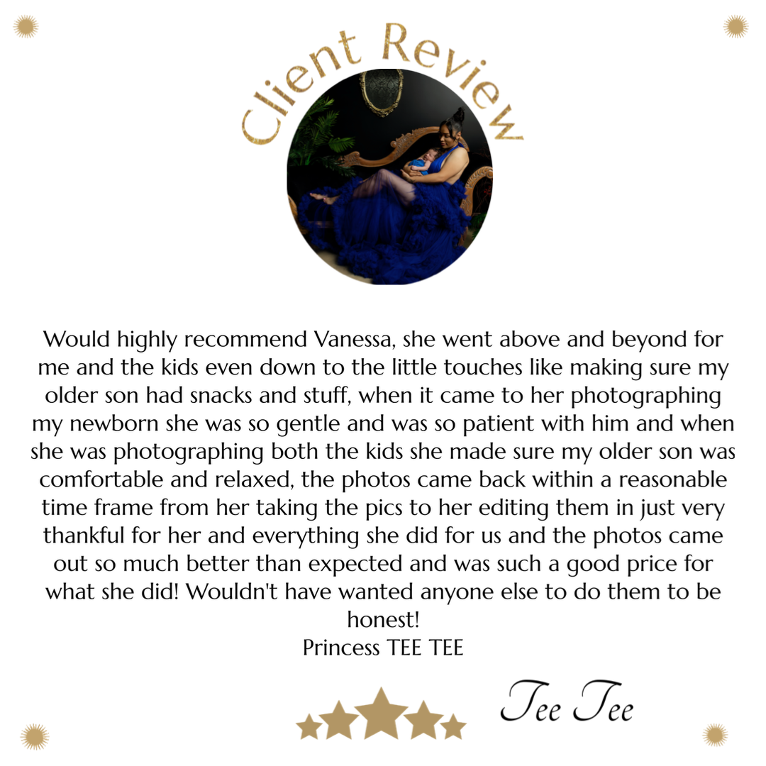 A customer review screenshot showing a 5-star rating and positive feedback about photography services.