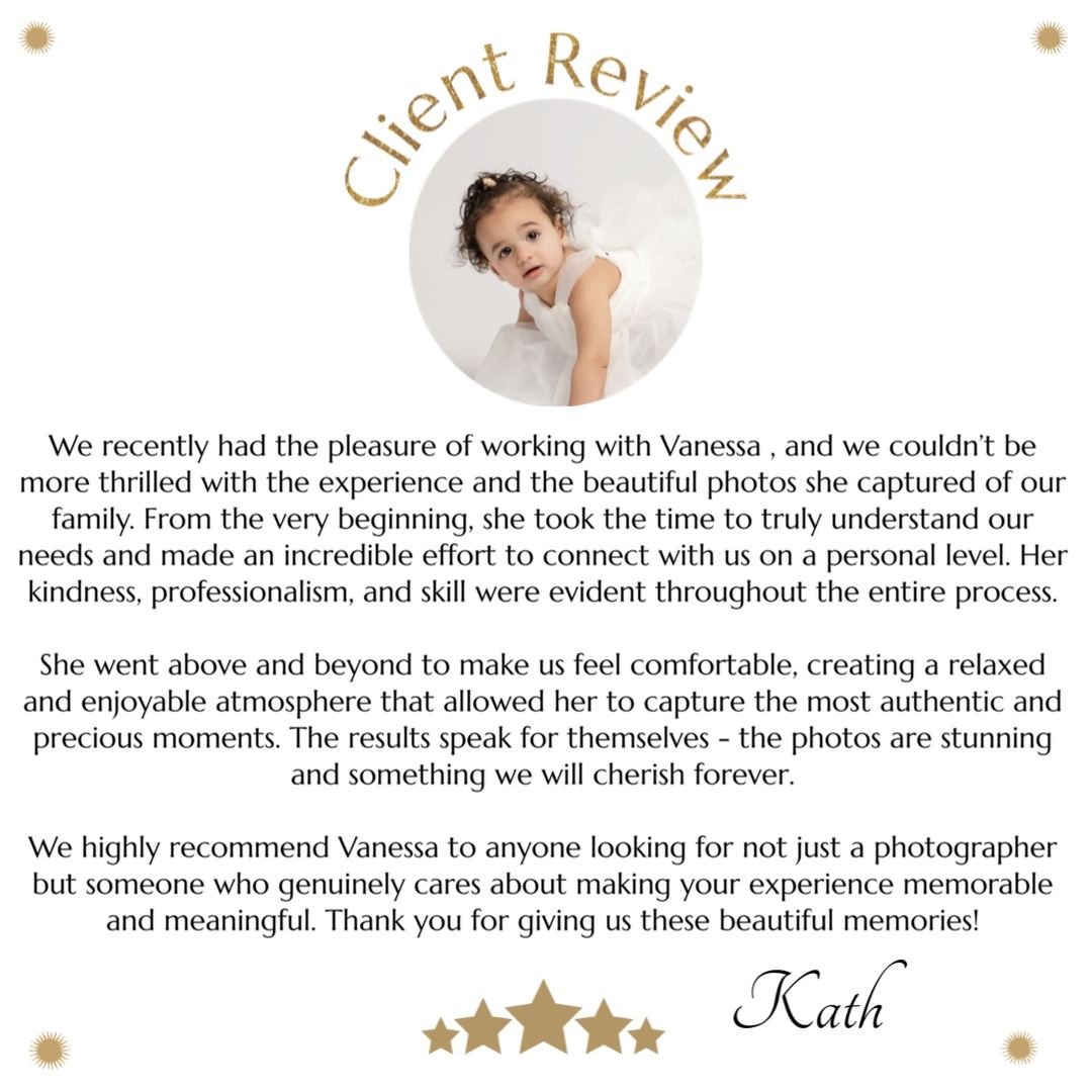 A circular client testimonial with gold accents and five-star rating showcases a glowing review from a satisfied photography client.