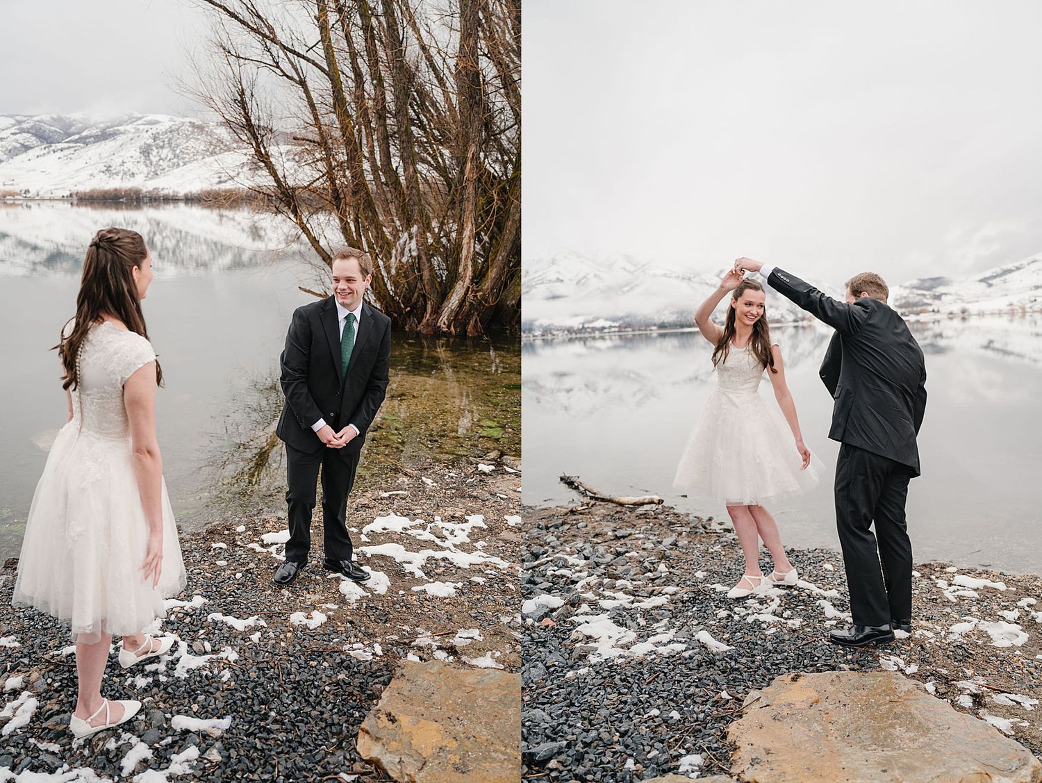 A couple stands in winter scenery by a lake with snow-covered mountains in the background, captured in two frames.