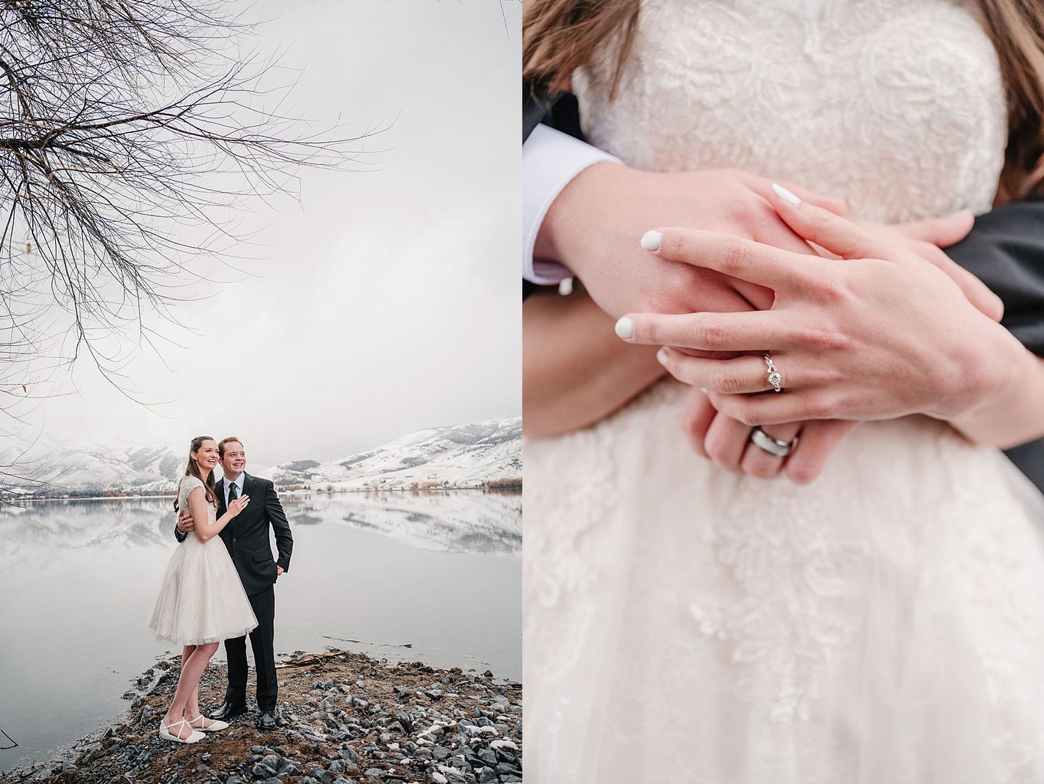 Two people share an intimate moment by a winter lake while another photo shows hands with engagement rings in detail.