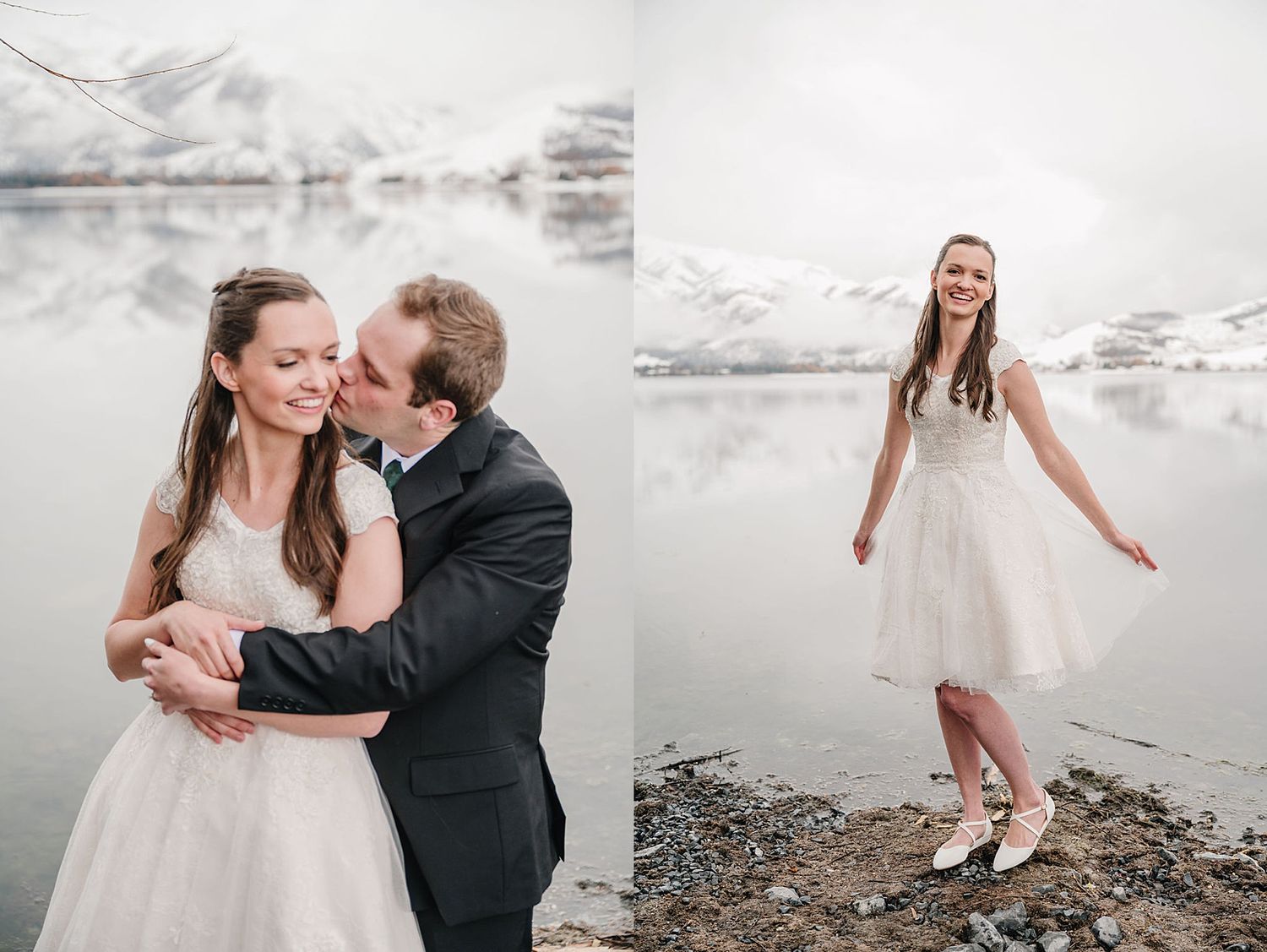 Romantic wedding couple poses on rocky shore by misty mountain lake in winter landscape.