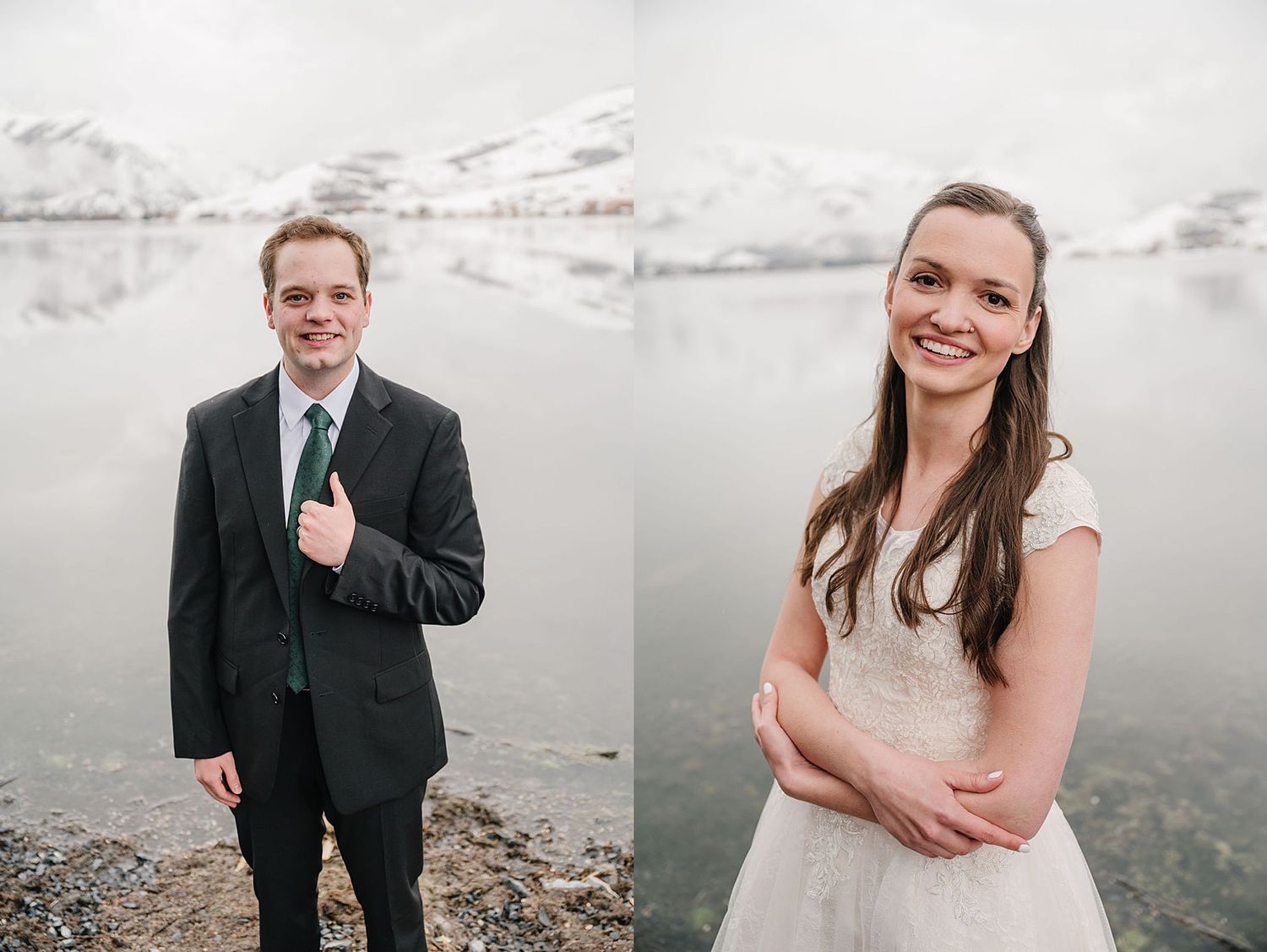 A couple poses separately against a misty mountain lake landscape in elegant wedding attire.