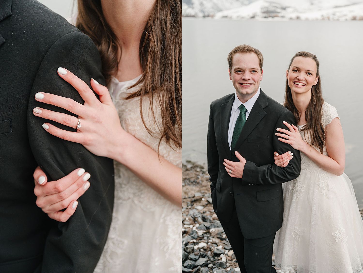 Wedding couple holds each other and smiles outdoors in formal attire for engagement photos.