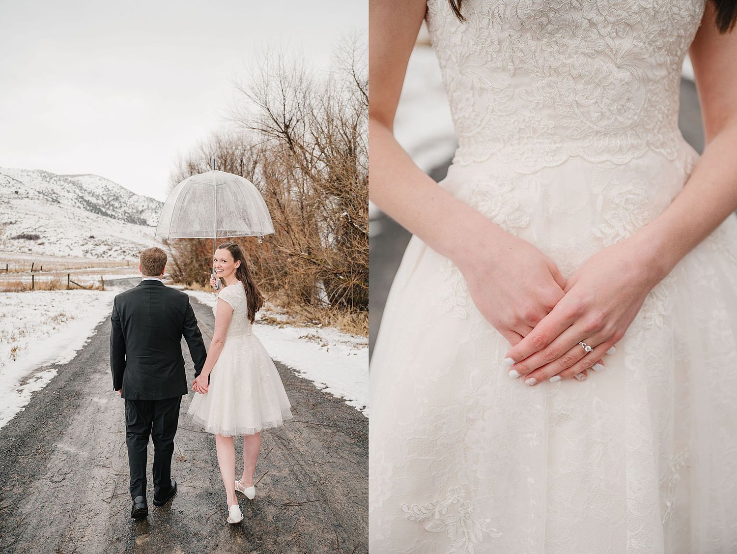A romantic winter wedding scene with a couple walking under an umbrella beside snowy mountains and a close-up of a lace dress.