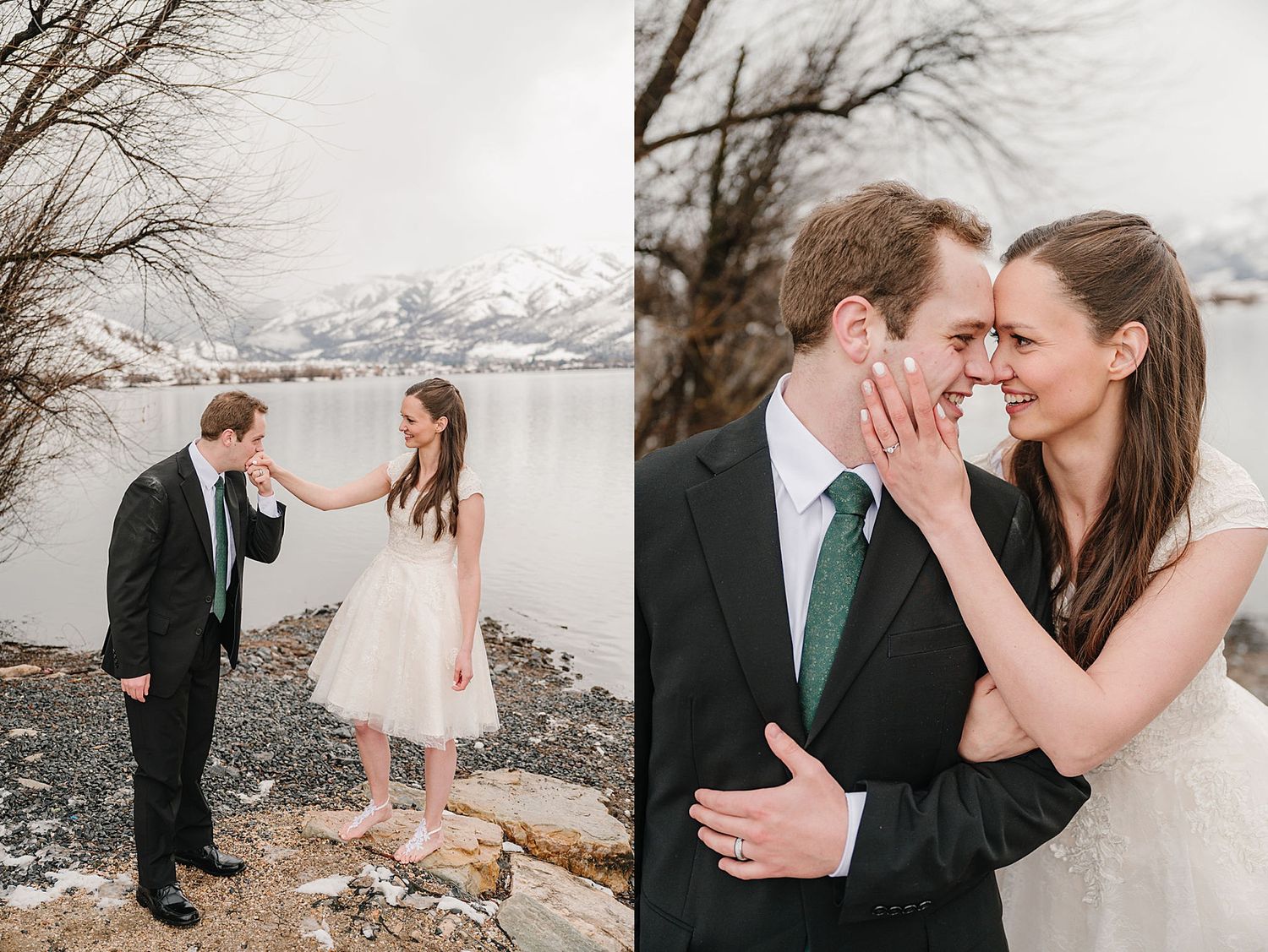A couple shares romantic moments by a snowy mountain lake, with the bride in a short white dress and groom in black suit.