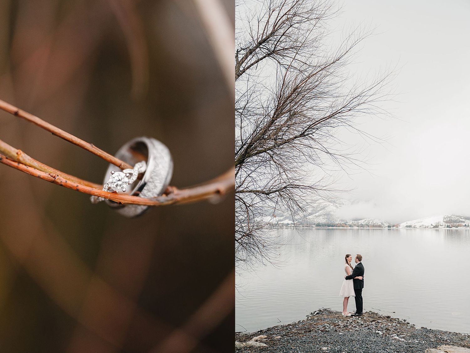 Two side by side wedding photos showing a ring detail shot and a misty lakeside silhouette of a couple on a winter day.