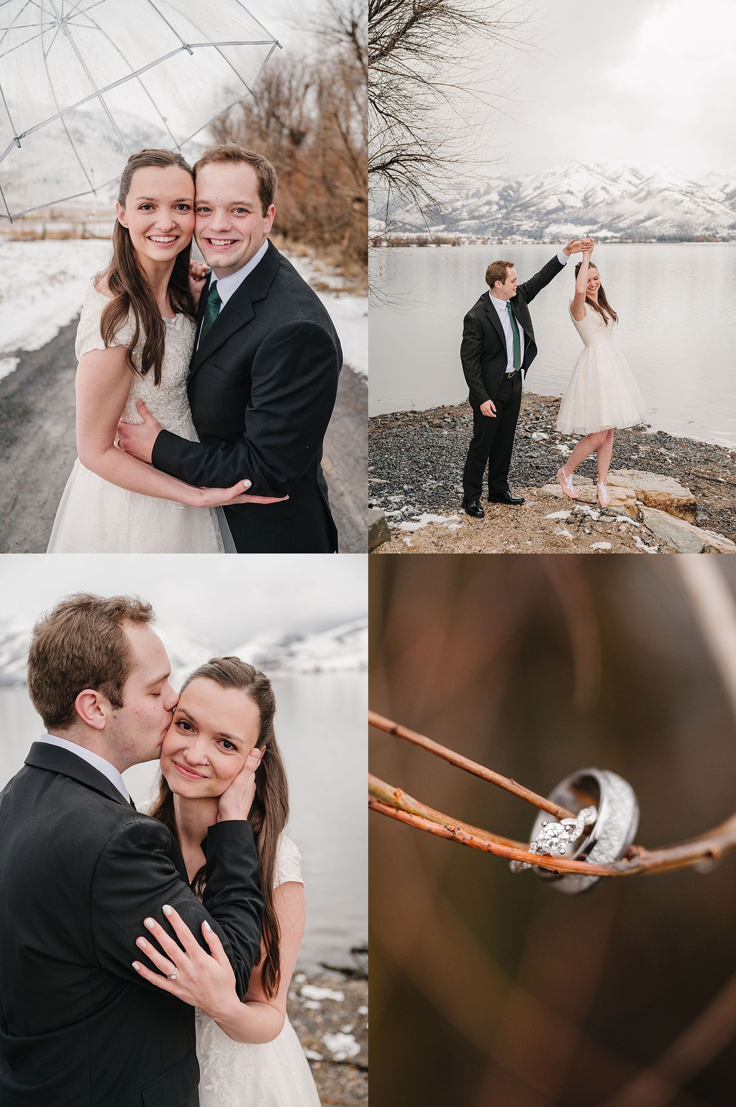A romantic winter engagement photo collage featuring couples by a snowy lake and a close-up of an engagement ring on a branch.