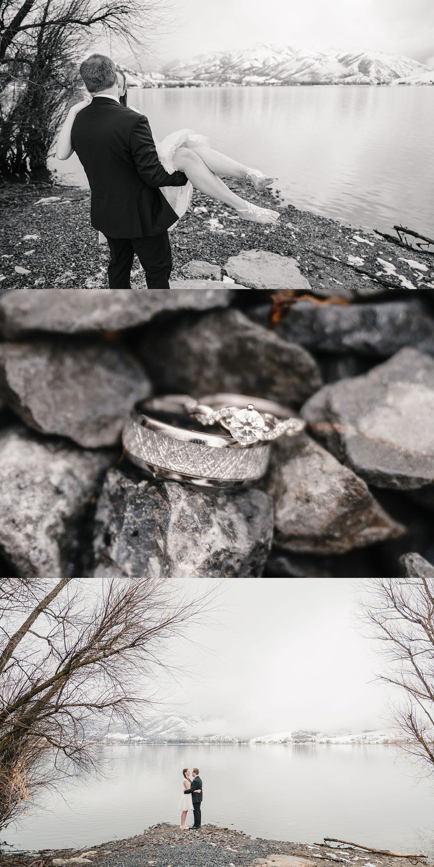 Romantic lakeside mountain view with couple embracing, wedding rings on rocks, and scenic winter landscape by water.