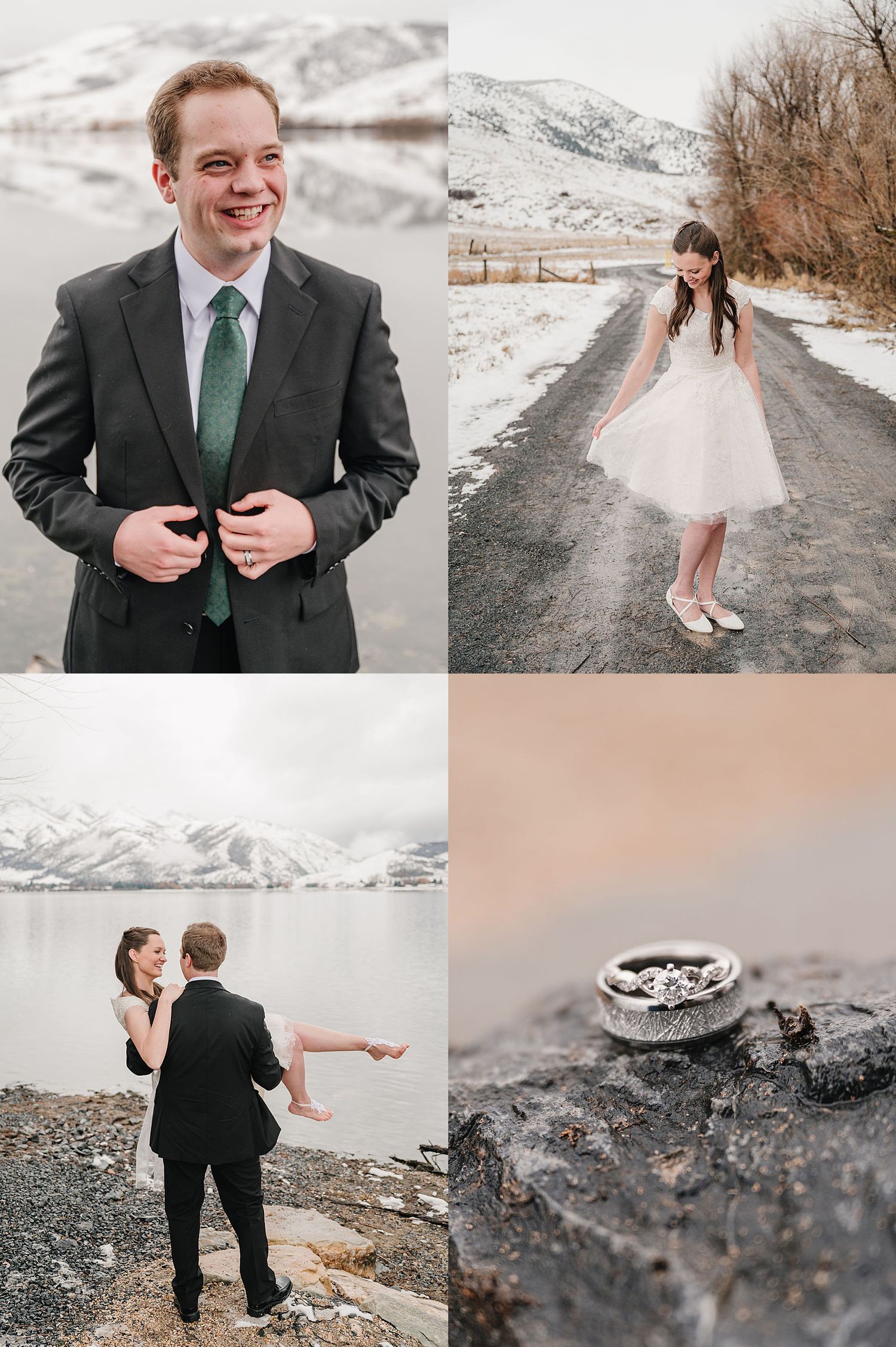 A winter wedding photo collection featuring a couple in formal attire against a snowy mountain backdrop with wedding rings.