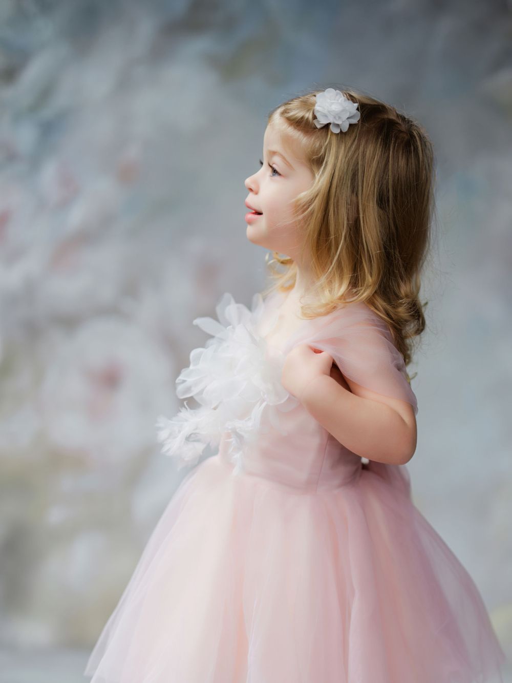 Young child in fluffy pink tulle dress and hair accessory poses against painterly backdrop in Bellevue studio.