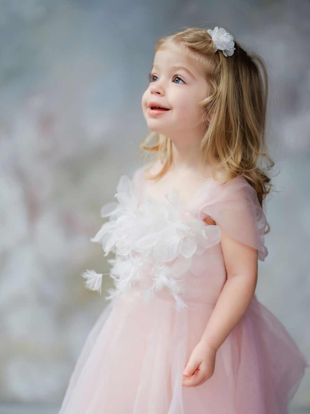 A delicate pink tulle dress adorned with feathery details is photographed against a soft gray background in Bellevue studio.