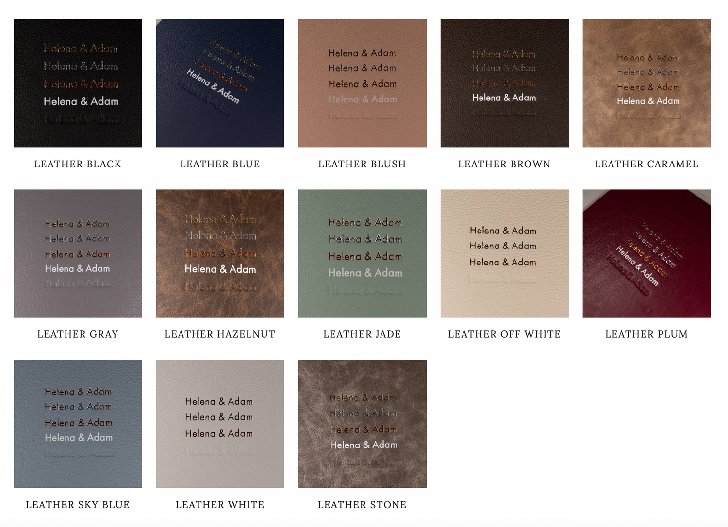 A color swatch chart showing thirteen different leather finishes in various brown, black, and burgundy tones arranged in rows.