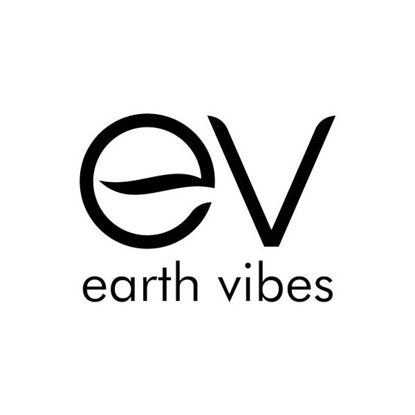 Minimalist black logo design showing 'ev earth vibes' text with stylized 'ev' symbol above.