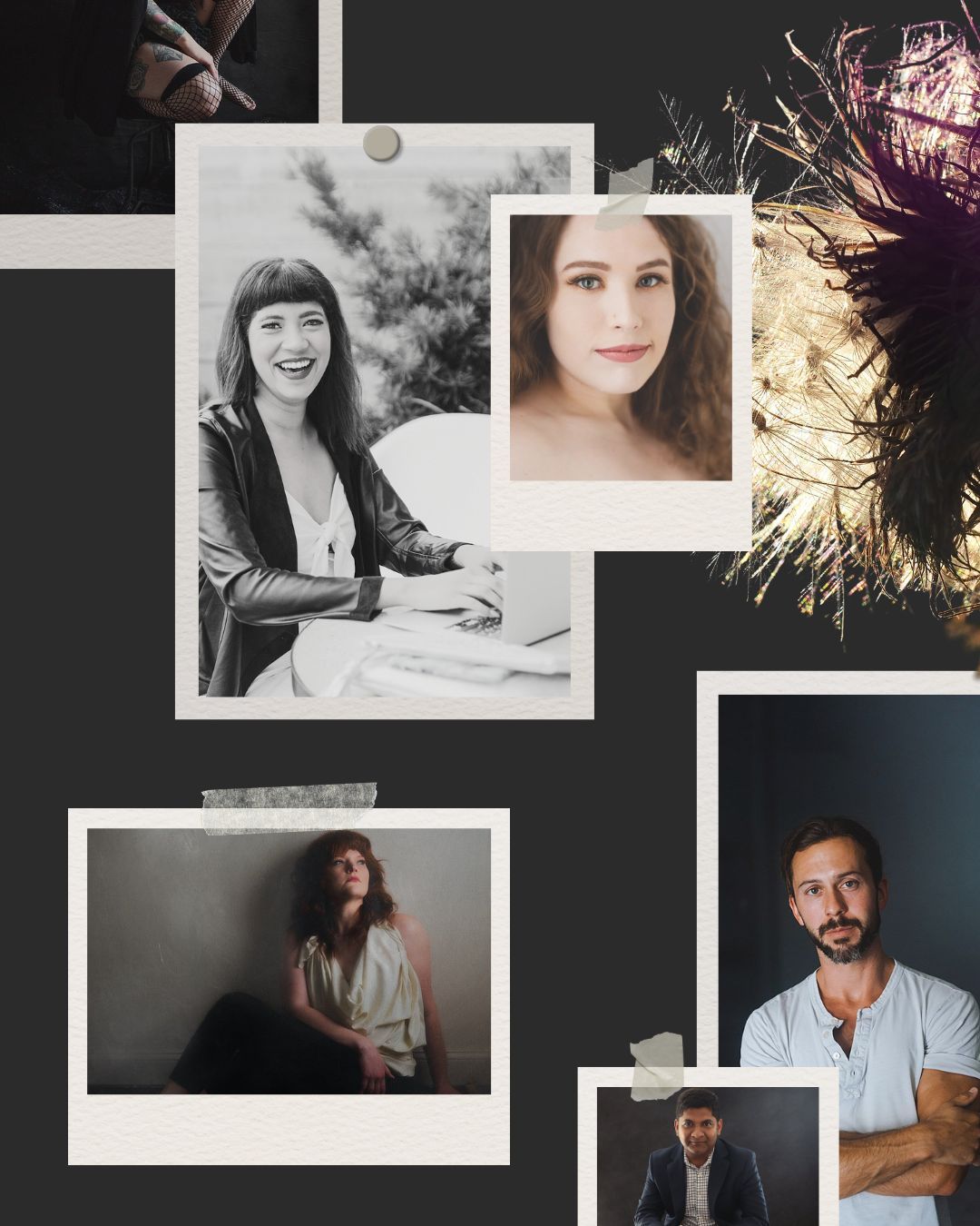 A collection of portrait photographs arranged in a collage with black and white and color images.