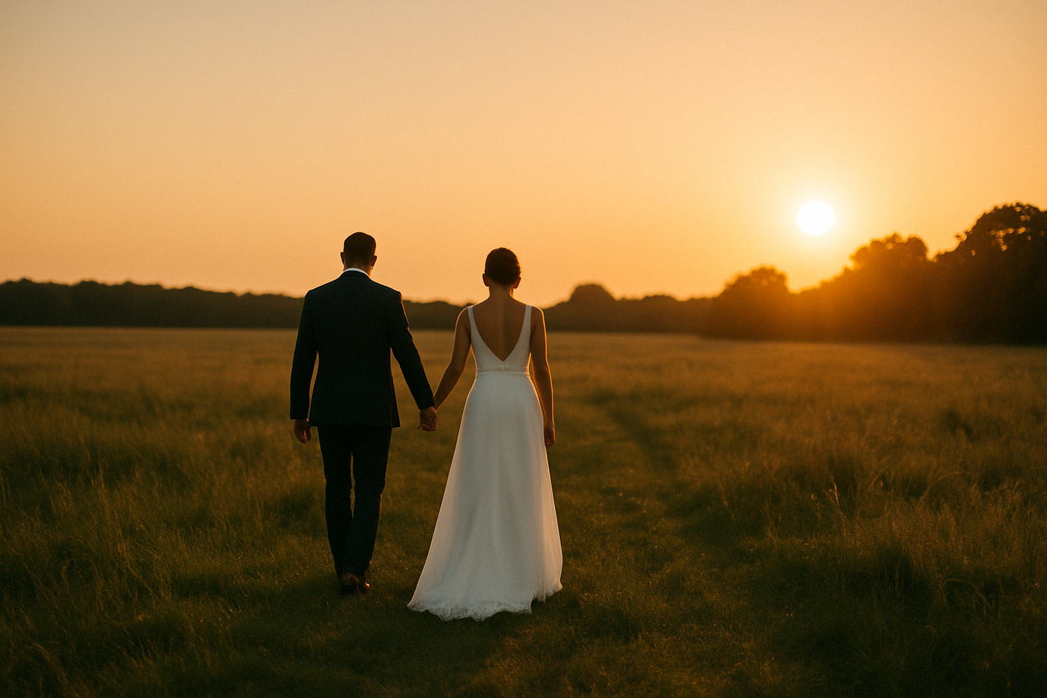 A couple stands together watching the sunset over an open Iowa field, capturing a peaceful, romantic moment in golden light