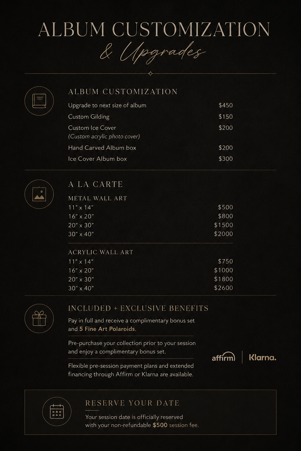 Dark elegant album customization and upgrades price list featuring metal wall art, acrylic prints, and exclusive client benefits.