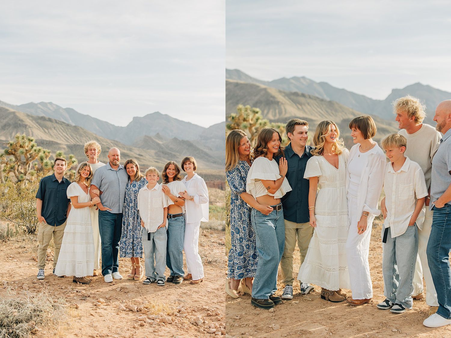 Extended family posing in two groups in sunny desert setting with mountains and Joshua trees.
