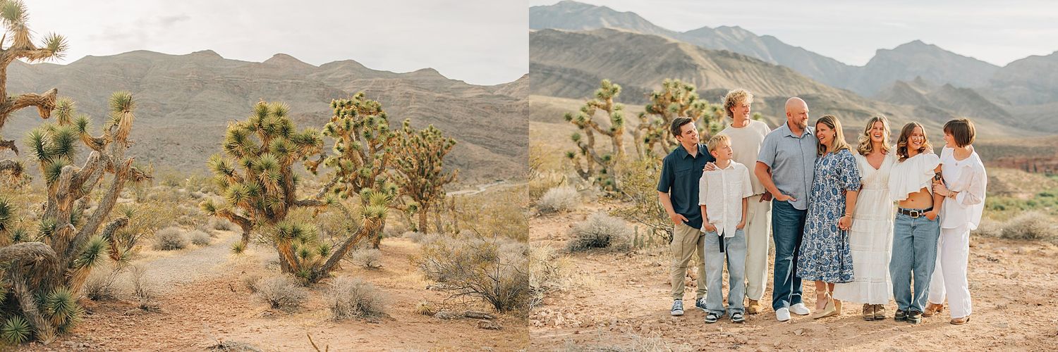 Family portrait session in the Mojave Desert with Joshua trees and mountain backdrop at golden hour.