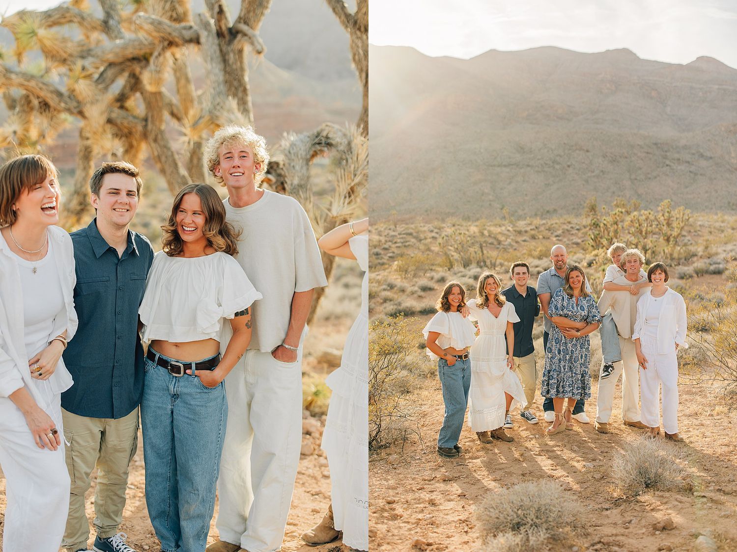 Family portrait session in desert landscape with Joshua trees and mountains, wearing white and neutral tones.
