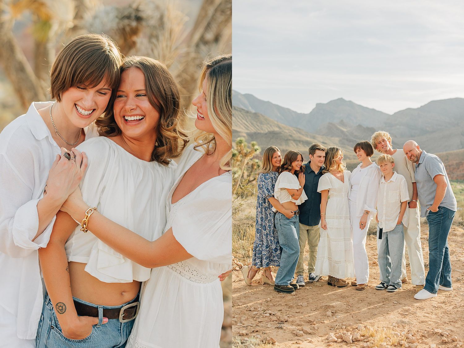 Two women laughing and embracing in desert landscape with mountains, family group photo session outdoors.