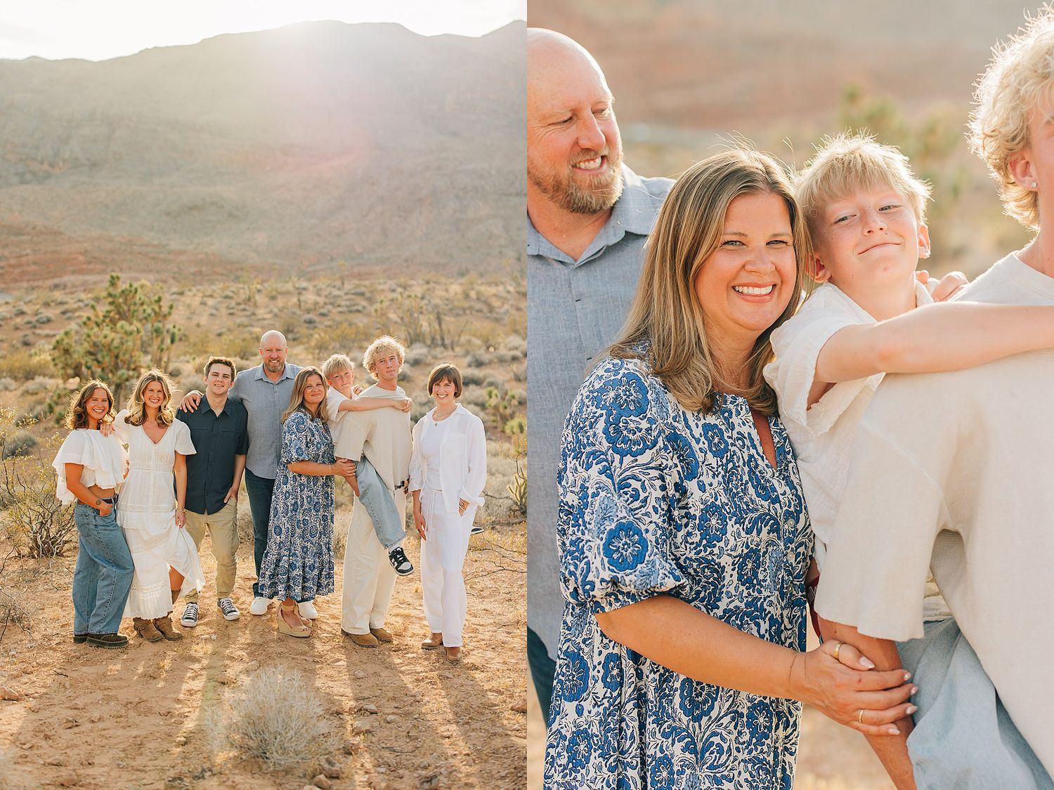 Family portrait in desert at golden hour, group smiling in white and blue outfits, close-up of mom and kids hugging outdoors.