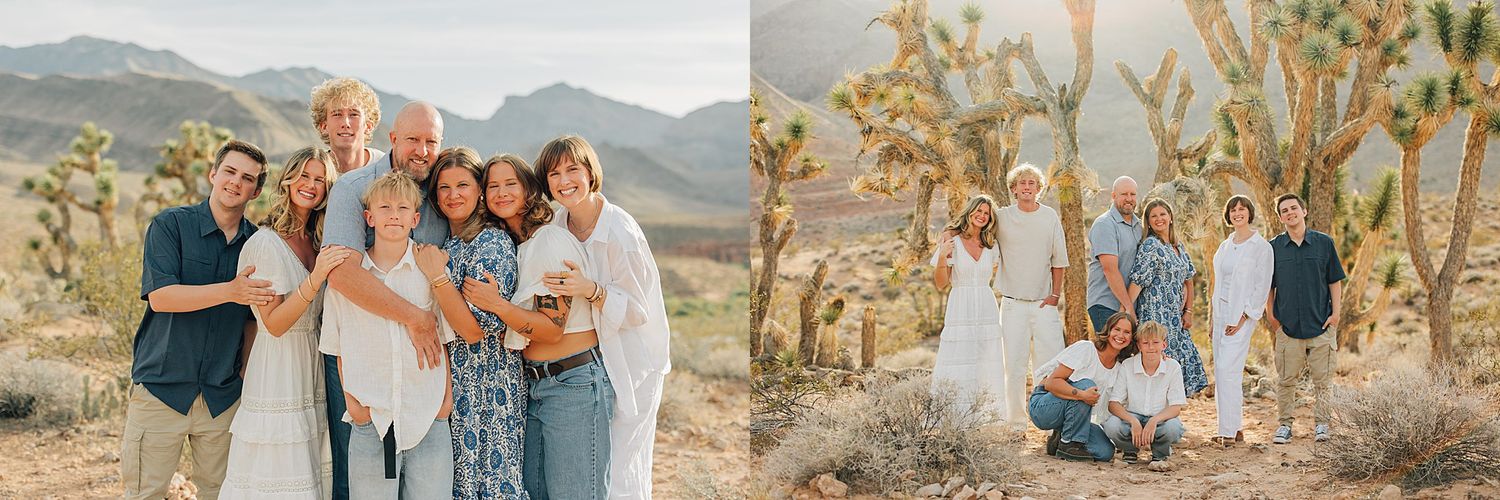 Extended family posing together among Joshua trees in desert landscape with mountains at golden hour.