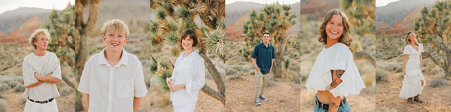 Family portrait session in Joshua Tree desert with cacti, featuring adults and a child in white outfits.