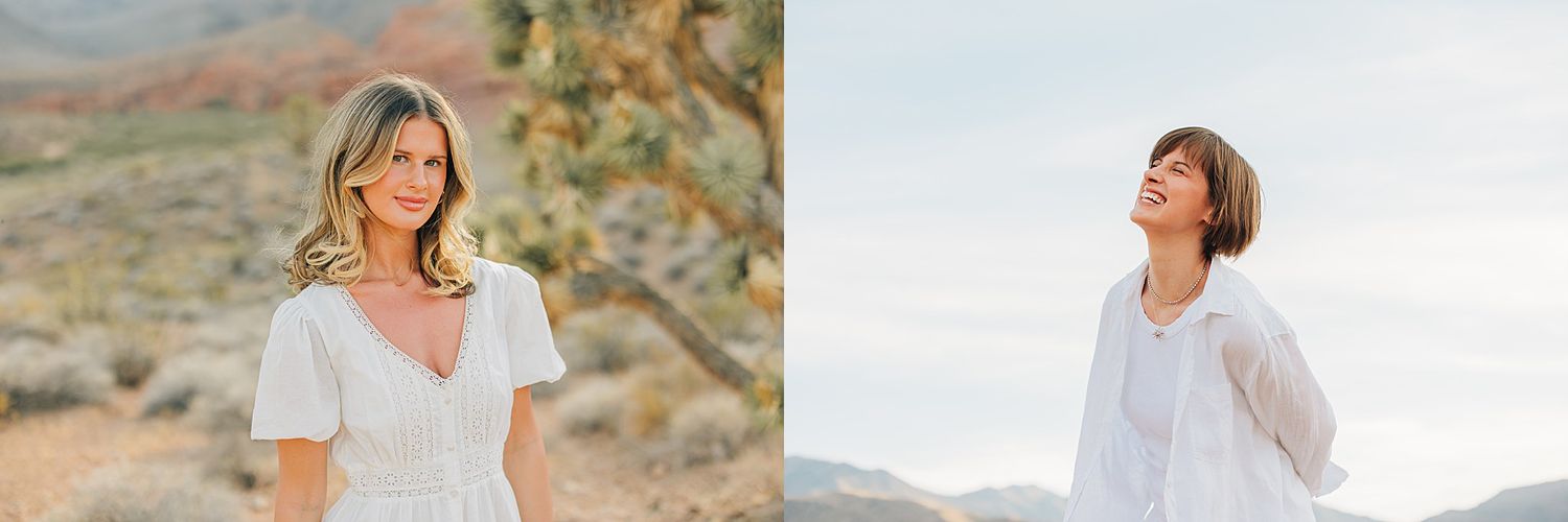 Two women in white outfits pose separately in a desert landscape with mountains in the background.