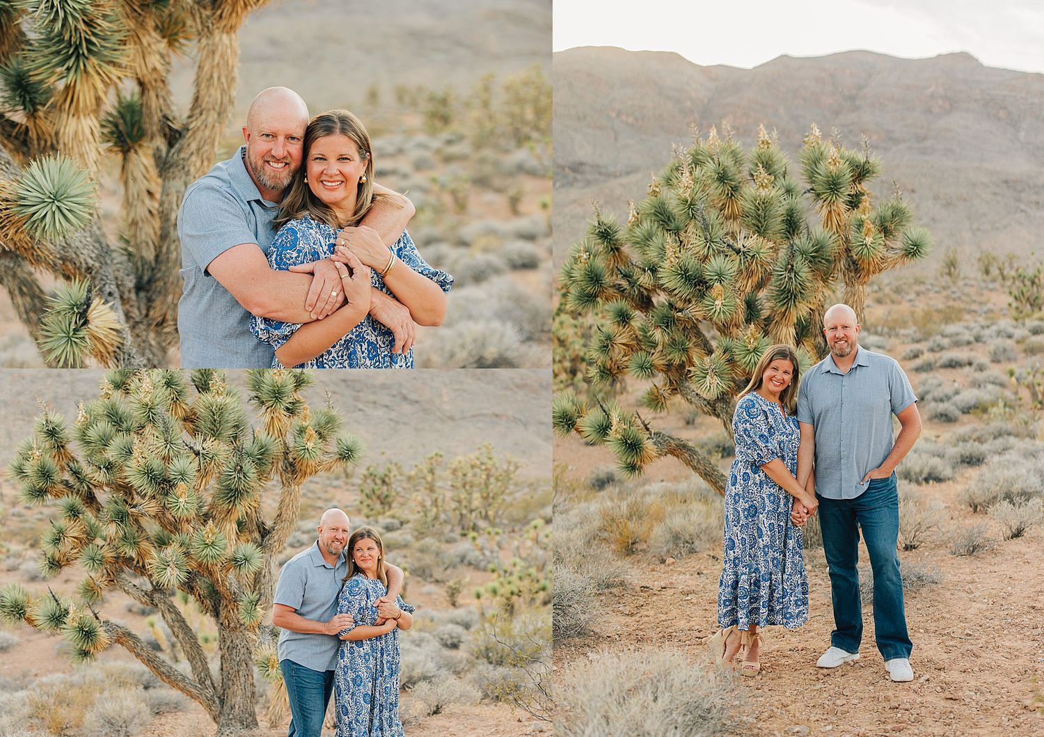 Couple posing together near Joshua trees in a desert landscape, wearing coordinating blue outfits.