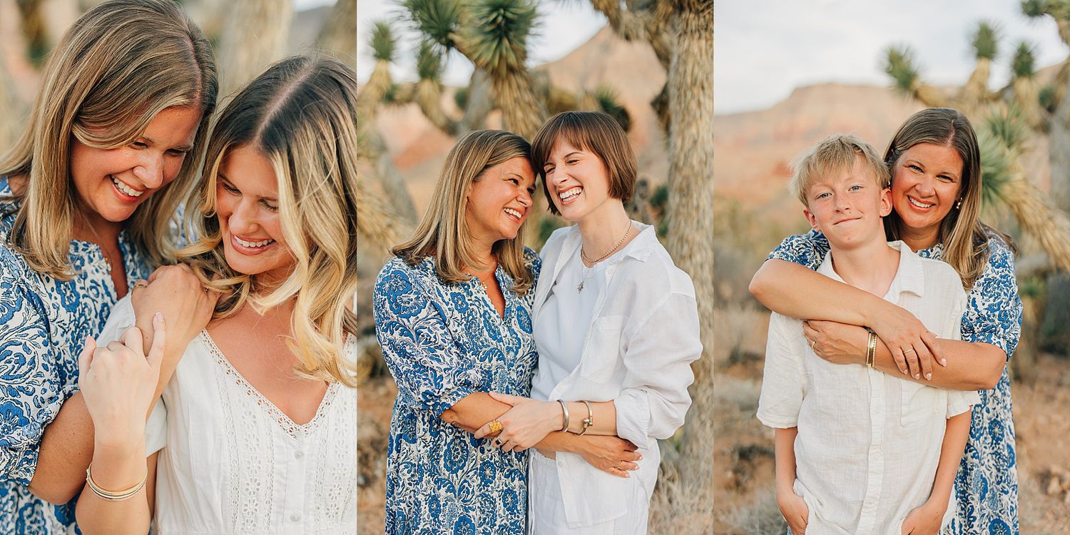 Two women smiling and embracing outdoors in Joshua Tree, with a boy hugging one woman in a blue floral dress.