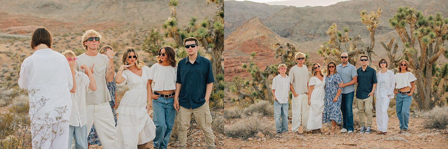 Family gathering outdoors in a desert landscape with Joshua trees, dressed in white and casual attire.