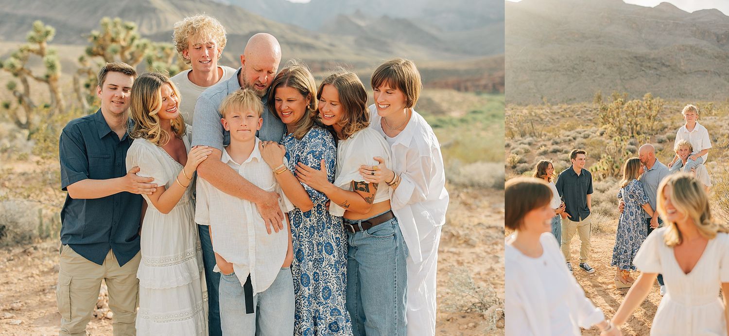 Candid family photo collage in desert setting with Joshua trees and warm natural lighting.