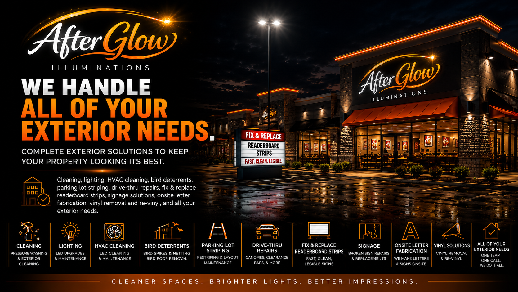 AfterGlow Illuminations advertisement showcasing exterior lighting services with a brightly lit commercial building at night.