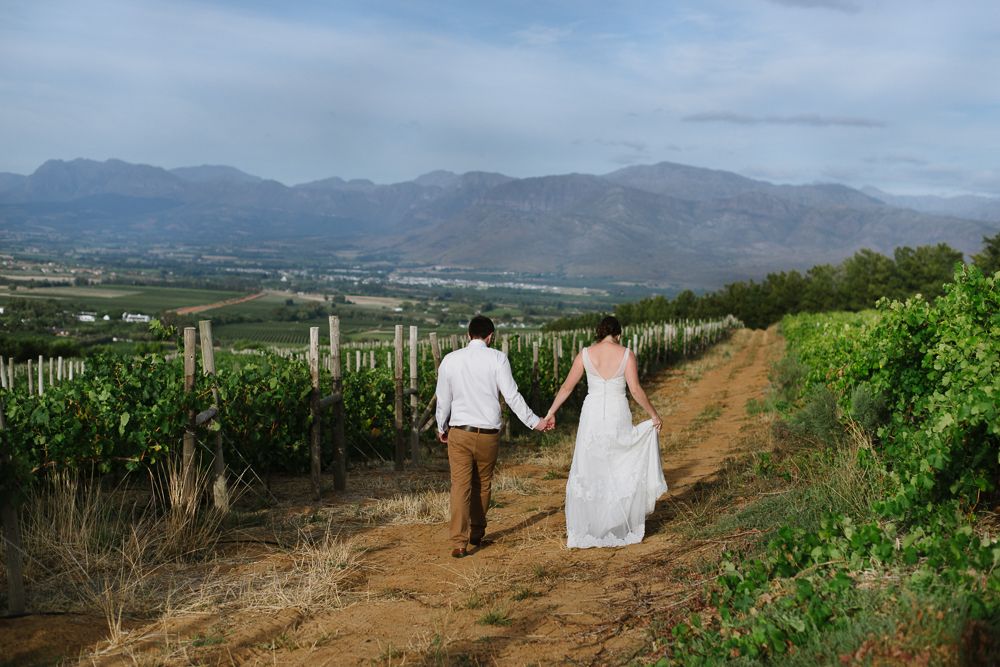 Newlywed couple holding hands walking through vineyard rows with scenic mountain valley views on their wedding day.