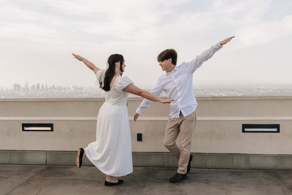 La La Land inspired engagement session at the Griffith Park Observatory captured on film photography.