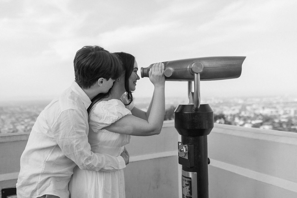 Artistic blur and movement during a Griffith Observatory engagement shoot, captured on black and white film.