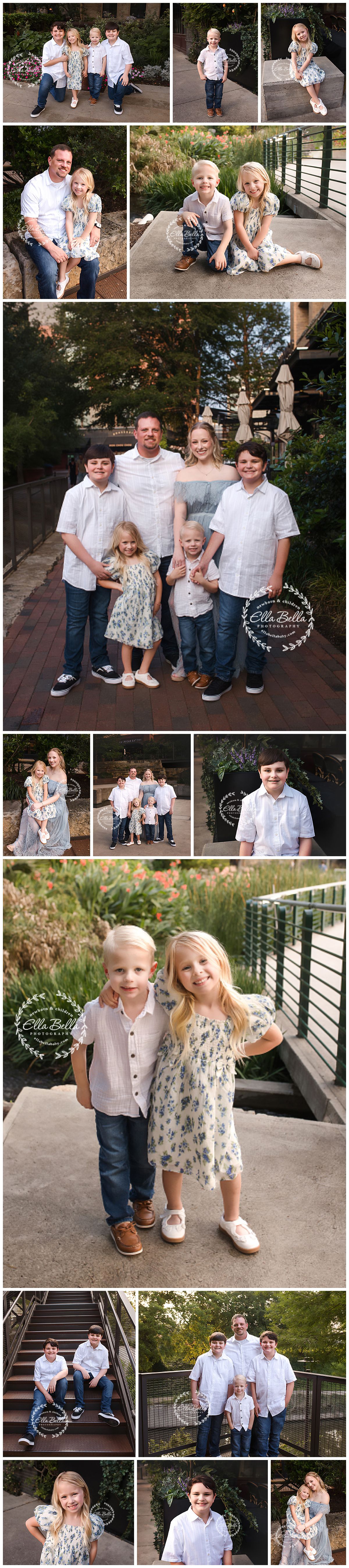 A family photo collage featuring parents with five children in coordinated white and blue outfits, taken outdoors by Ella Belle Photography.