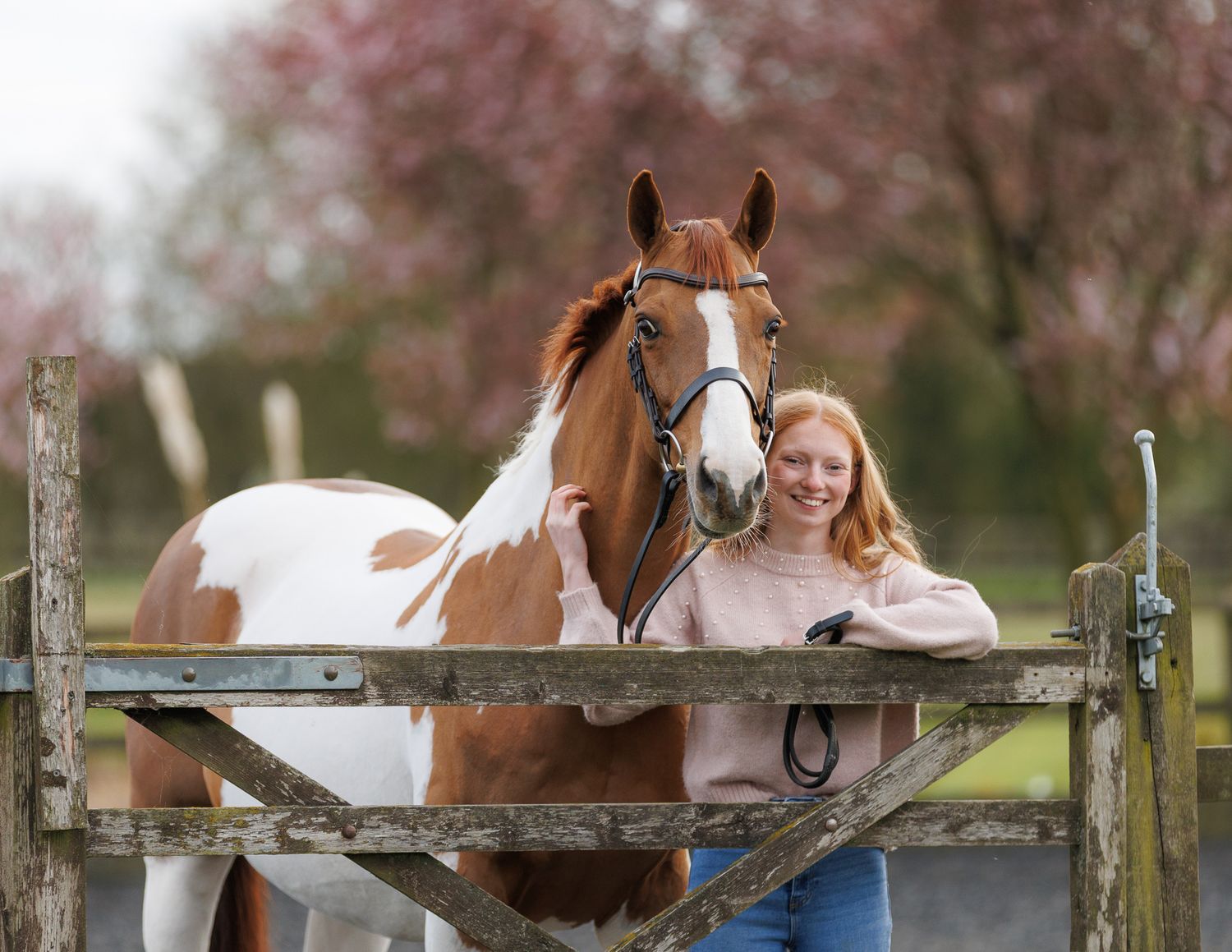A horse and its rider enjoy an outdoor photoshoot session near rustic wooden fencing on a sunny day.